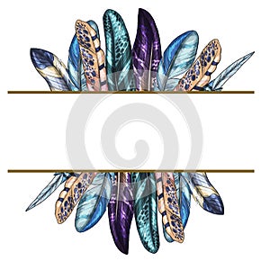 Decorative card with colorful detailed bird feathers. Isolated on white background. Ready template for your design and lettering.