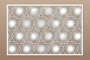 Decorative card for cutting. Recurring linear geometric mosaic pattern. Laser cut. Ratio 3:2. Vector illustration