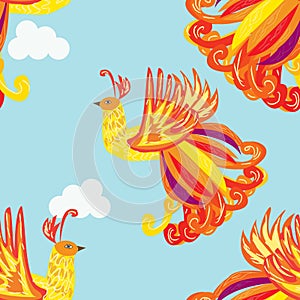 Decorative card with the Firebird , feathers seamless background