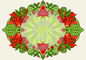 Decorative card, ornament with red flowers, green background