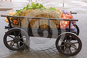 Decorative cart with hay vegetables onions. Outdoors in autumn