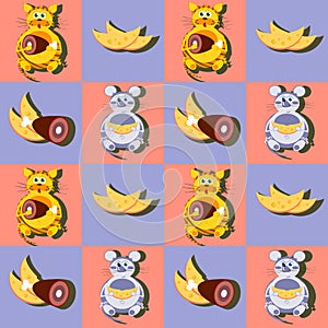 Decorative cartoon cat and mouse with his favorite food, cheese and meat seamless pattern
