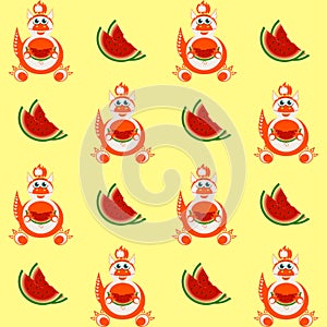 Decorative cartoon dragon with a slice of watermelon seamless pattern