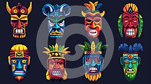 Decorative cartoon illustration of tiki masks. Set of brightly colored wood face elements of Hawaiian ethnic groups.