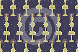 Decorative old interior flat candle with a candlestick. Vector seamless pattern.