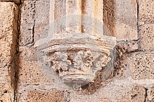 Decorative  carving on columns in ruins of Caesarea Fortress on the Mediterranean coast near Caesarea city in northern Israel