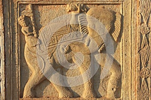 Decorative carving on the wall of 84-Pillared Cenotaph, Bundi, R