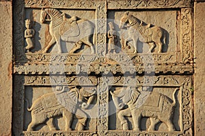 Decorative carving on the wall of 84-Pillared Cenotaph, Bundi, R