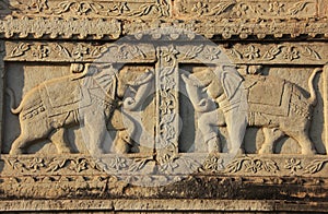 Decorative carving on the wall of 84-Pillared Cenotaph, Bundi, R