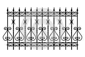 Decorative cast iron wrought fence silhouette with artistic forging isolated on white background. Metal guardrail.
