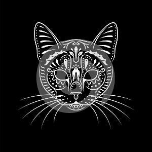 Decorative cat portrait on black with whiskers