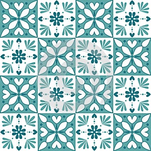 Decorative ceramic tile mosaic square shape, trendy green mint white pastel color and ornate arabic pattern, vintage vector