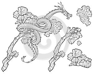 Decorative Chinese dragon on a tree. Bushes and a tree separate