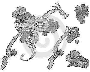 Decorative Chinese dragon on a tree. Bushes and a tree separate elements