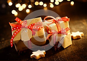 Decorative Christmas gifts with sparkling bokeh