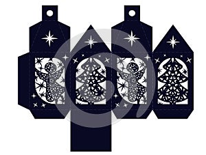 Decorative Christmas lantern with angels and Christmas trees. Stencil for cutting and New Year`s decor