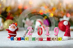 Decorative Christmas,New Year composition with snow.Colorful message: Happy new year