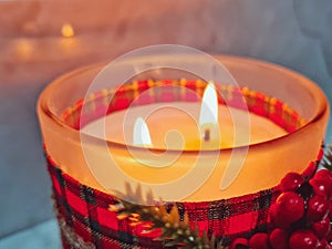 Decorative Christmas Scented Candle in Glass Cup with Flame Lit and Light Reflex