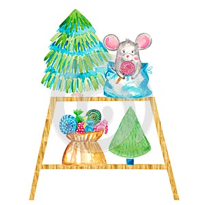 Decorative Christmas tree gift rat on the shelf. Decoration at home for Christmas Watercolor illustration