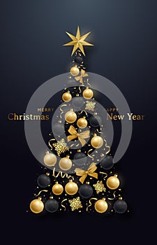 Decorative Christmas tree with realistic golden baubles, bow, star and snowflakes.