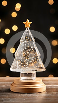 Decorative Christmas tree with star on table against blurred lights, closeup