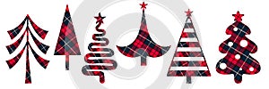 Decorative Christmas trees on a checkered red background. Can be used as stickers, magnets, cut out and turned into decorations,