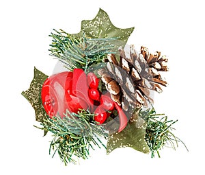 Decorative christmas wreath with pine cone and red apple close-up isolated on white background