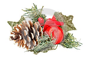 Decorative christmas wreath with pine cone and red ball close-up isolated on white background