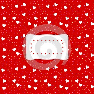 Decorative clear etiquette on red background with white hearts