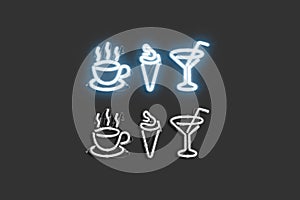 Decorative coffee, ice cream and martini neon symbol mock up