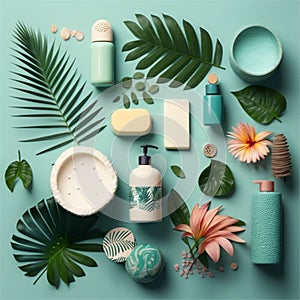 Decorative collage with spa accessories and botanical elements