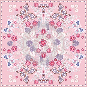 Decorative color floral background, strawberry and butterfly pattern ornate lace frame. Bandanna shawl fabric print