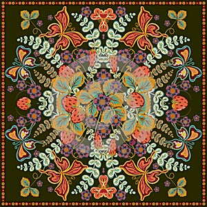 Decorative color floral background, strawberry pattern and ornate lace frame. Bandanna shawl fabric print, silk neck