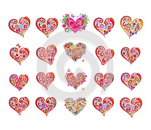 Decorative colorful abstract heart shapes collection in hippie style. Part 5 of hearts huge set