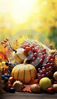 Decorative and colorful autumn fruit on a table in the fall. Generative AI illustrations