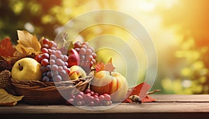 Decorative and colorful autumn fruit on a table in the fall. Generative AI illustrations