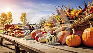 Decorative and colorful autumn fruit on a table in the fall. Generative AI illustrations