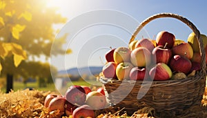 Decorative and colorful autumn fruit on a table in the fall. Generative AI illustrations