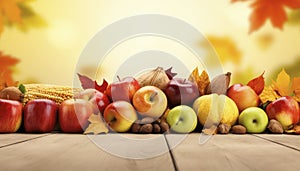Decorative and colorful autumn fruit on a table in the fall. Generative AI illustrations
