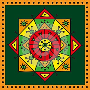 Decorative colorful ethnic rosette on a dark green background