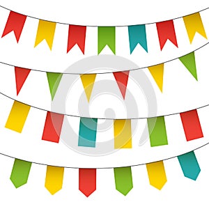 Decorative colorful flags and bunting garlands set. Vector isolated carnival elements collection