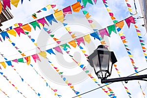 Decorative colorful flags are seen in the ornamentation of the Sao Joao festivities