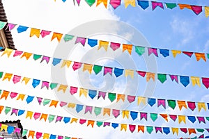 Decorative colorful flags are seen in the ornamentation of the Sao Joao festivities