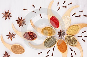 Decorative colorful fun ornament of multicolored asian spices and anise star, clove on white wooden background.