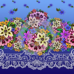 Decorative colorful indian floral motif. Seamless pattern on blue background.