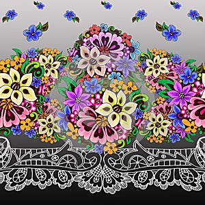 Decorative colorful indian floral motif. Seamless pattern on gray background.
