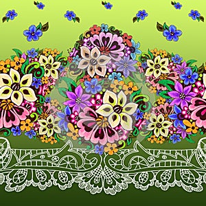 Decorative colorful indian floral motif. Seamless pattern on lime green background.