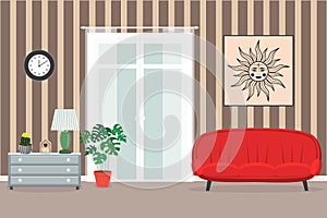 Decorative colorful living room of sofa, nightstand, torchere, clock, balcony windows, cozy plant, wallpaper, painting, wood decor