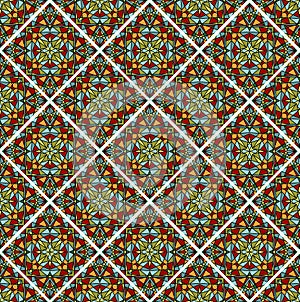 Decorative colorful mosaic tile. Seamless vector rhomboid patterns filled with multicolored shards