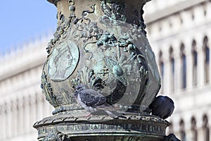 Decorative column on St. Mark`s Square Piazza San Marco, details, Venice, Italy
